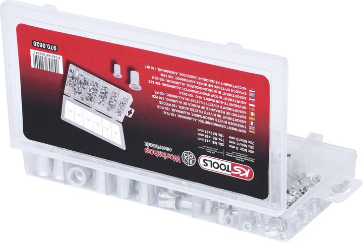 Produktbild KS Tools Sortiment Gewindenieten, Aluminium, M3x9mm-M10x21mm, 150-tlg.