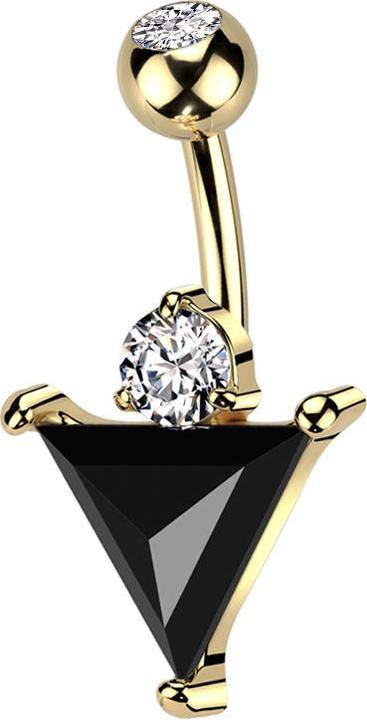 Star Piercing Banane vergoldet mit Kugel vergoldet Kristall silber und grosser Dreiecks Kristall schwarz (Chirurgenstahl 316L, Messing)
