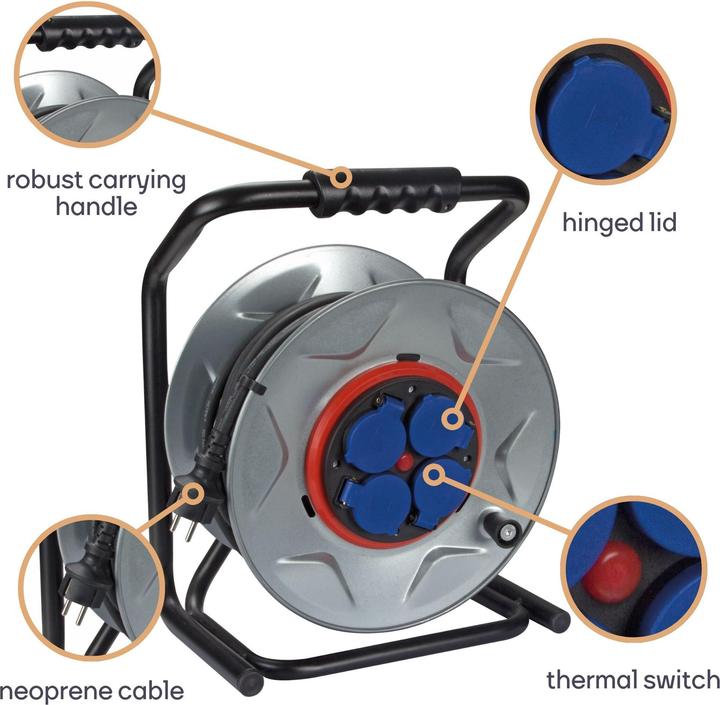 Actual product image Velleman PROFESSIONAL NEOPRENE CABLE REEL WITH ANTI-TWIST SYSTEM - 25 m - 3G2.5 - 4 SOCKETS - FRENCH SOCKET (25 m, 2.50 mm²)