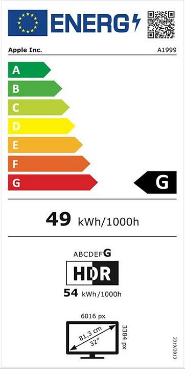 Etichetta energetica Apple Pro XDR (6016 x 3384 pixel, 32")
