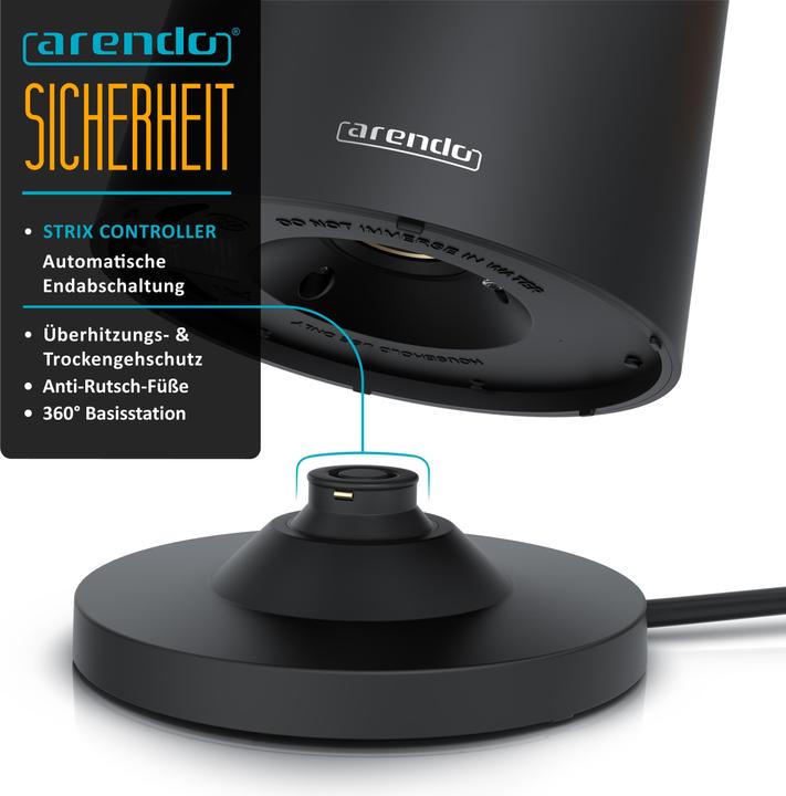 Produktbild Arendo Edelstahl Wasserkocher 1,5 L, 2200 W, Temperatureinstellung 45°C-100°C, Warmhaltefunktion, Schwarz (1.50 l)