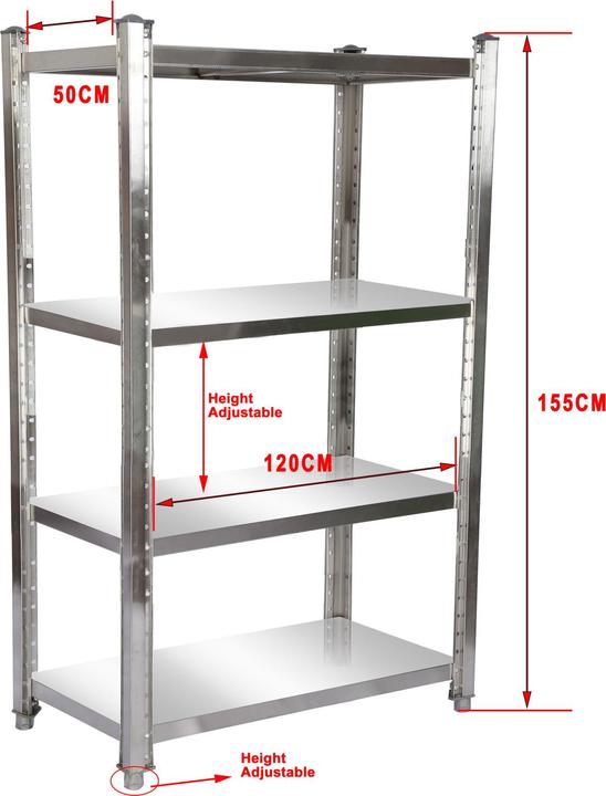 Image du produit Wiltec Étagère en acier inoxydable 120x50x155 cm 4 étagères Étagère de cuisine gastronomique Entrepôt