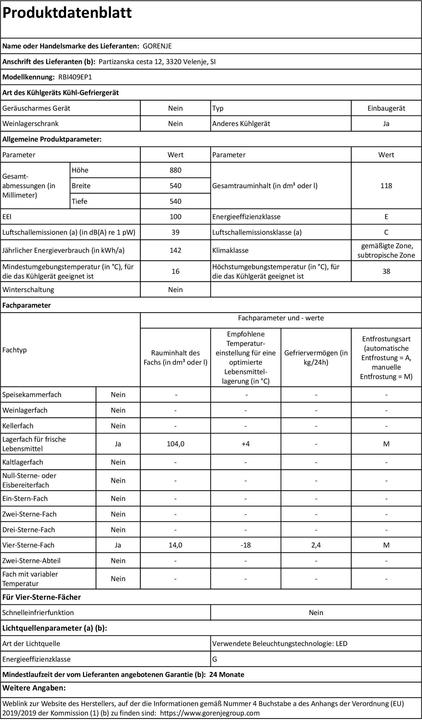 Nutritional values and ingredients Gorenje EB cooling unit (118 l)