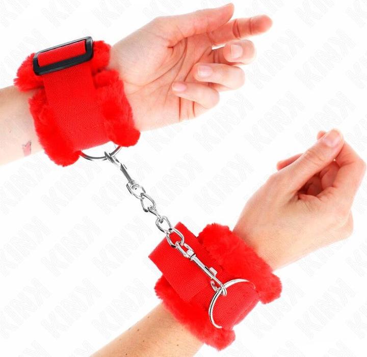 Actual product image Kink FUR LINTERED Wrist Cuffs RED ADJUSTABLE 17-31 CM X 7 CM