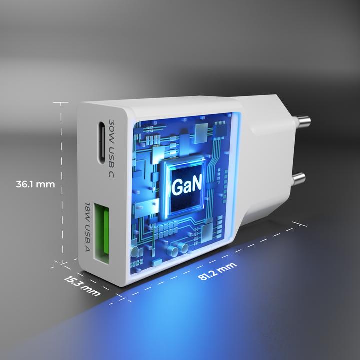 Produktbild prio Ladegerät GaN POWER 30W PD PPS (USB C) + QC 3.0 (USB A) weiss (30 W)