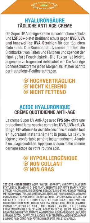 Nutritional values and ingredients Garnier Ambre Solaire Sensitive expert+ Anti-Age Super UV (Sun cream face, SPF 50+, 50 ml, 70 g)