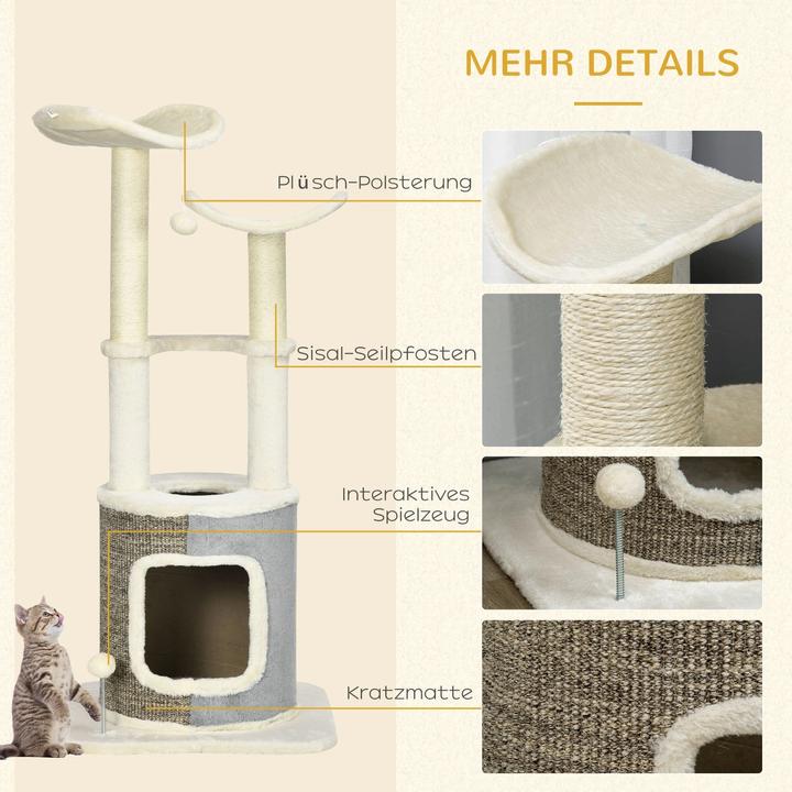Actual product image PawHut Scratching post with cat cave, two platforms, plush cover, cream white, 48x48x110cm (110 cm, Cream white)