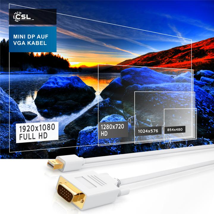 Produktbild CSL Mini Displayport zu VGA Audio Video Kabel, miniDP Monitor Adapter / Thunderbolt 1 & 2 kompatibel (5 m, DisplayPort, VGA)