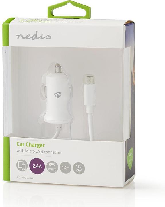 Actual product image Nedis Car charger 1x 2.4 A Number of outputs: 1 Micro USB (Fixed) Cable 1.00 m 12 W Single voltage