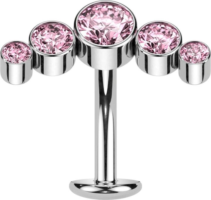 Star Piercing Threadless Labret-Stab Banane silber fünf Kristalle pink (Titan G23)