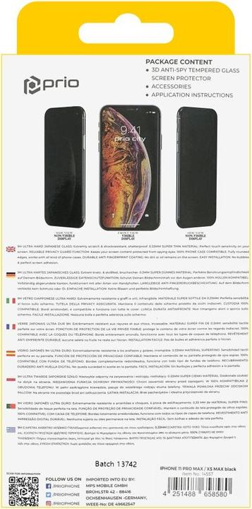 Produktbild prio 3D Anti-Spy Panzerglas für iPhone 11 Pro Max/XS Max schwarz (1 Stück, Apple iPhone 11 Pro Max, Apple iPhone XS Max)