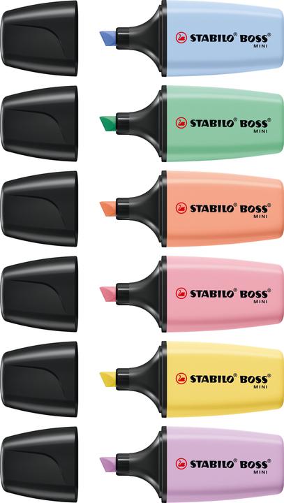 Immagine prodotto STABILO Boss Mini Pastell 6er Etui (rosa e menta, Albicocca, Giallo, Lilla, Blu nuvoloso, 5 mm, 6 x)