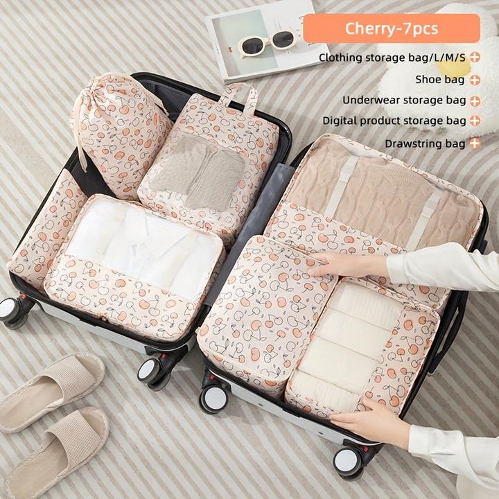 Only-Bags.Store 7 Stück Reiseverpackungswürfel mit Obstdruck, tragbare Mesh-Kleidungsaufbewahrungstasche