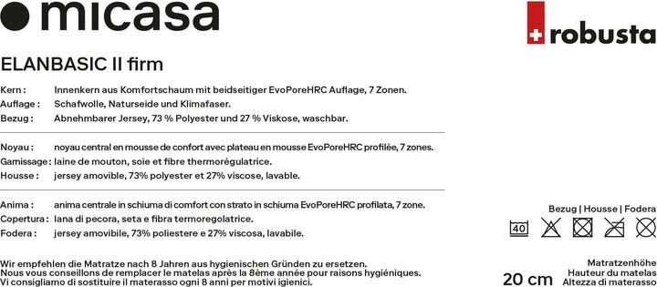 Nährwerte und Zutaten Robusta Swiss Bedding Elanbasic II (90 x 200 cm, Schaumstoffkern)