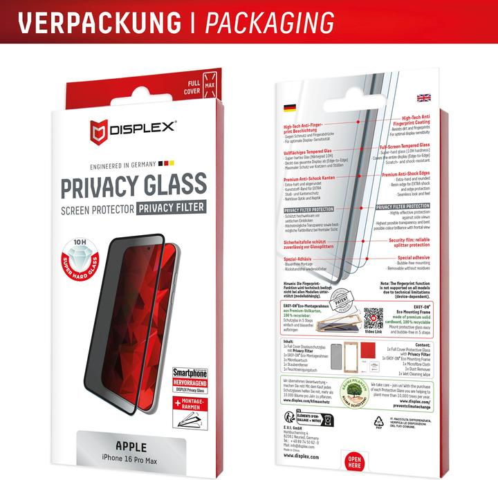Actual product image Displex Privacy Glass, Privacy Full Cover Panzerglas (1 Piece, Apple iPhone 16 Pro Max)