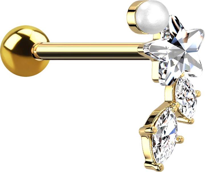 Star Piercing Micro Barbell vergoldet Perle Kristallstern und zwei Kristalltropfen (Chirurgenstahl 316L, Messing)