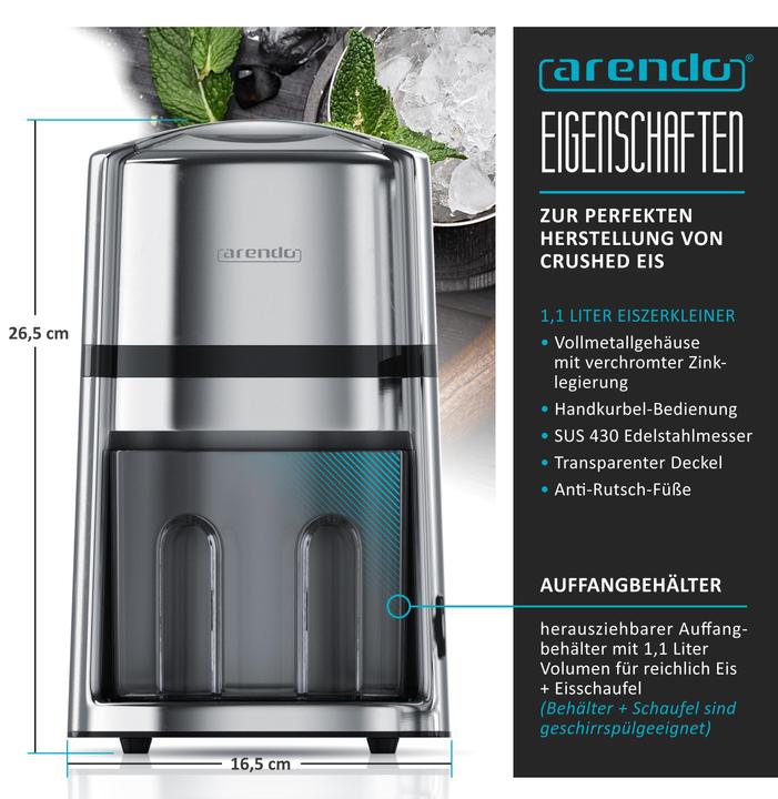 Produktbild Arendo Ice Crusher Edelstahl 1,1 L, Eiscrusher, Eiszerkleinerer zum Kühlen und Frischhalten, Chromoptik