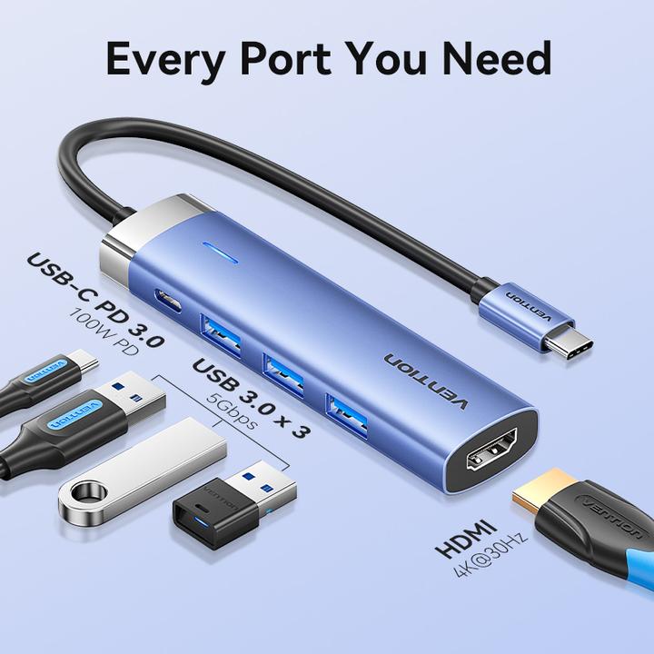 Produktbild Vention USB-C to HDMI/USB 3.0 x 3/PD Docking Station 0.15M Blue Aluminum Alloy Type (USB-C)