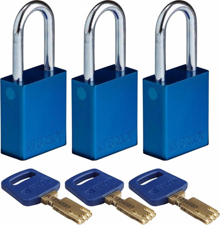 Actual product image Brady Safekey aluminium padlock with steel shackle, blue, 38 mm shackle height, 6.4 mm shackle diam