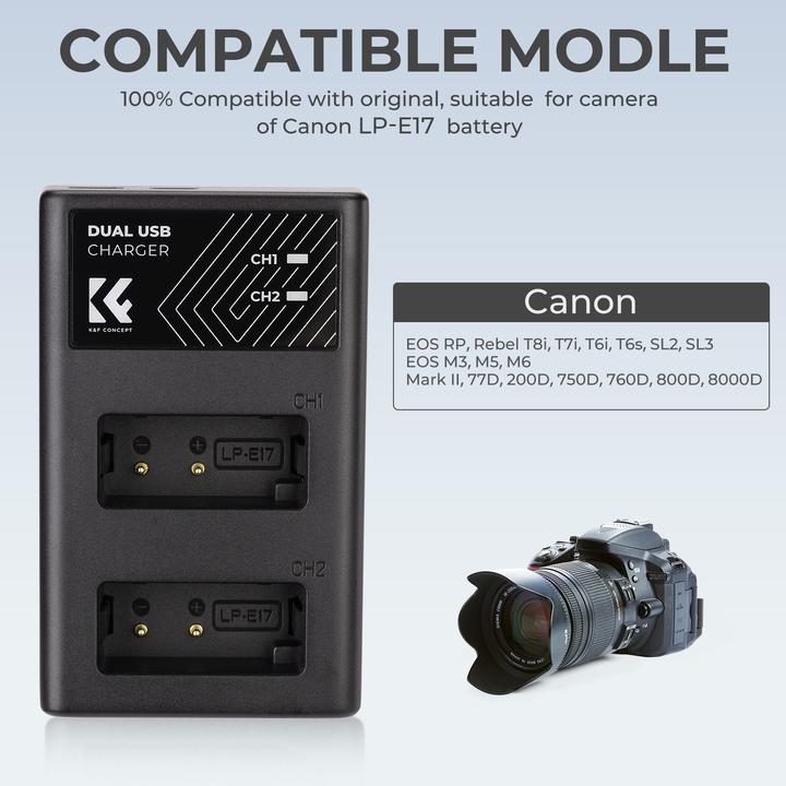 Produktbild K&F Concept LP-E17 Digital Camera LED Dual Channel Charger with Type C Charging Cable (Kamera Akku Ladegerät)