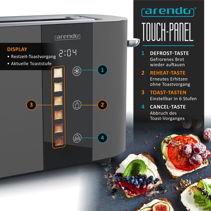 Actual product image Arendo Toaster Edelstahl 2 Scheiben Langschlitz, Restzeit & Bräunungsgradanzeige, Touch Display, 1000 W (EU plug)