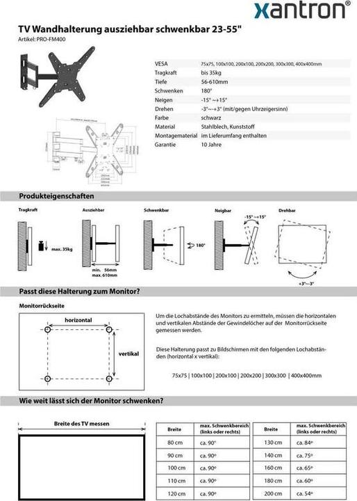 Produktbild Xantron PRO-FM400 (Wand, 55", 35 kg)