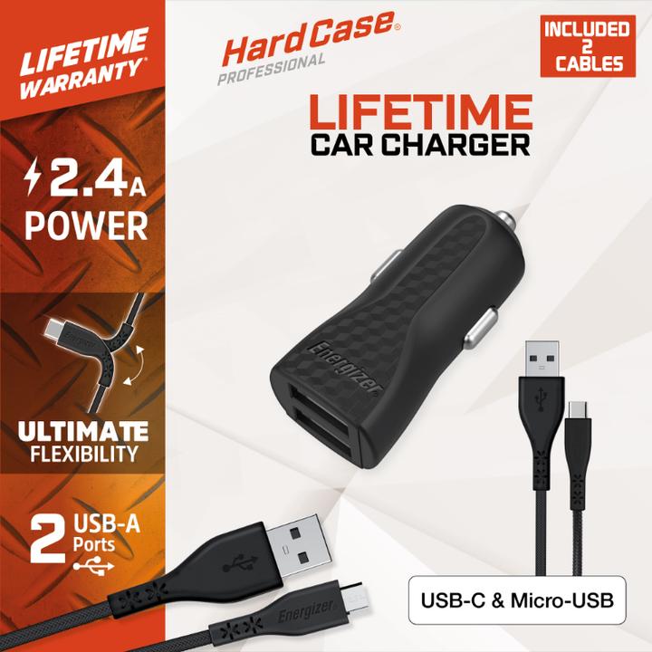 Immagine prodotto Energizer Caricabatteria da auto con garanzia a vita - 2,4A - 1USB - incluso cavo USB-C e Micro-USB