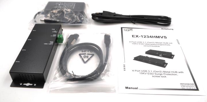 Actual product image Exsys GmbH USB 3.2 Gen2 Metal HUB with 4 Ports 2 x USB-C and 2 x USB-A Connector (USB-C, 4 Ports)