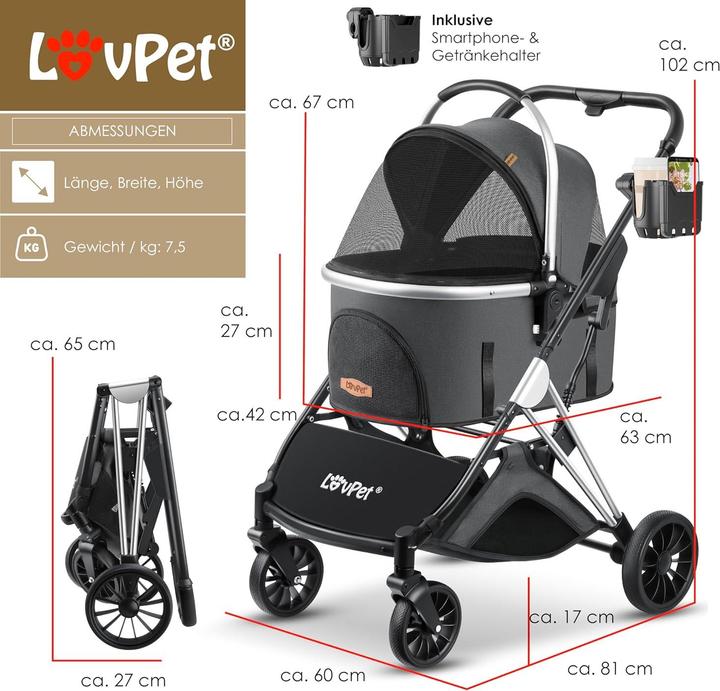 Image du produit Lovpet Poussette pour chien 3en1 (Chat, Chien, Ouverture complète, Pliable, Respirant)