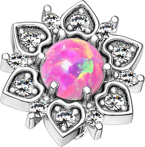Star Piercing Dermal Anchor silber Herzblume mit Opal pink (Messing, Chirurgenstahl 316L)