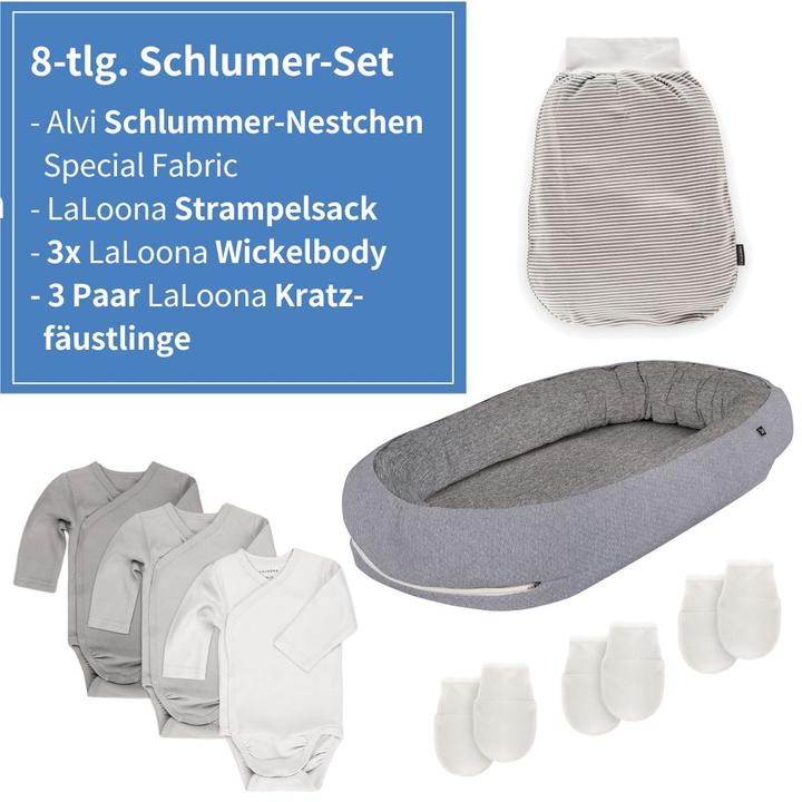 Actual product image Alvi Baby nest & bed snakes 8-piece slumber set - nest + 3 bodysuits +