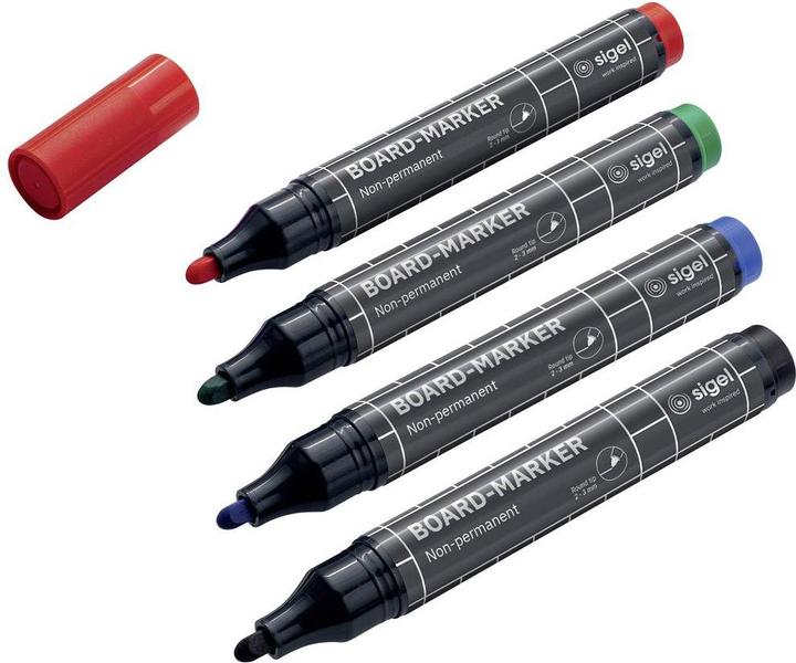 Produktbild Sigel Non-permanent Marker 4 Stück, Schwarz/Blau/Grün/Rot (Grün, Rot, Schwarz, Blau, 3 mm, 4 x)