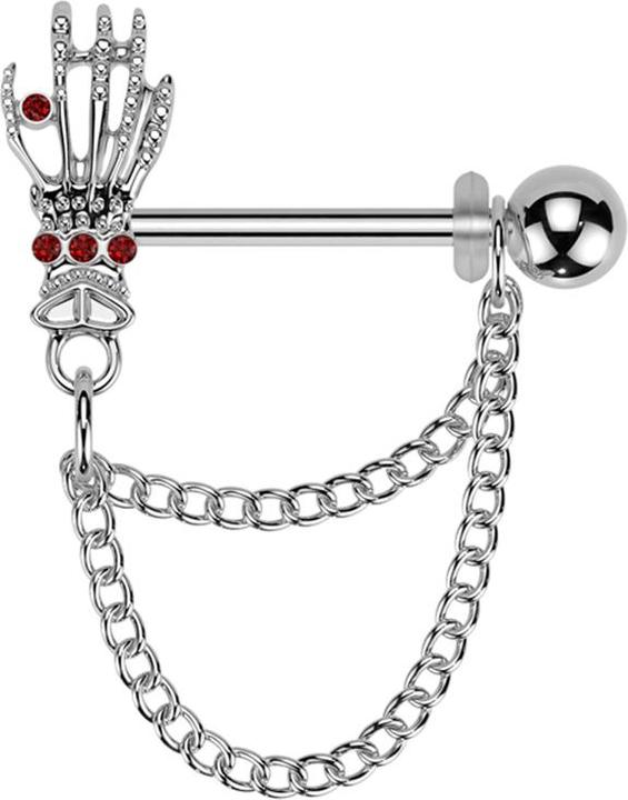 Star Piercing Barbell silber mit Kugel und Skeletthand Kristalle rot Anhänger zwei Ketten links (Chirurgenstahl 316L, Messing)