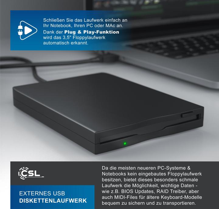 Image du produit CSL Lecteur de disquette externe, Slimline USB Floppy Disk Drive Externe, FDD 1,44MB 3,5 pouces, pour (lecteur de disquettes)