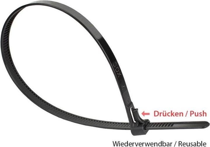 Produktbild Varia SO-37898 - Wiederverwendbarer Kabelbinder 450 x 7,4 mm, schwarz, -40°C bis +80°C, 100 Stück (Kunststoffkabelbinder, 450 mm, 100 Stk.)