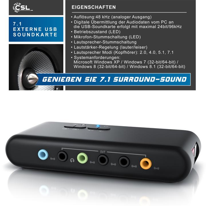 Actual product image CSL USB sound card 7.1 Surround, external, for up to 8 speakers, Dynamic 3D Surround, driver (USB 2.0)