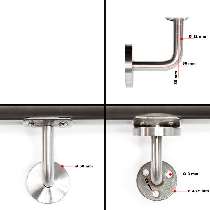 Produktbild Wiltec Handlaufset Wandhalter Handlauf 120cm Halter Treppe Haltegriff Edelstahl V2A (Edelstahl)