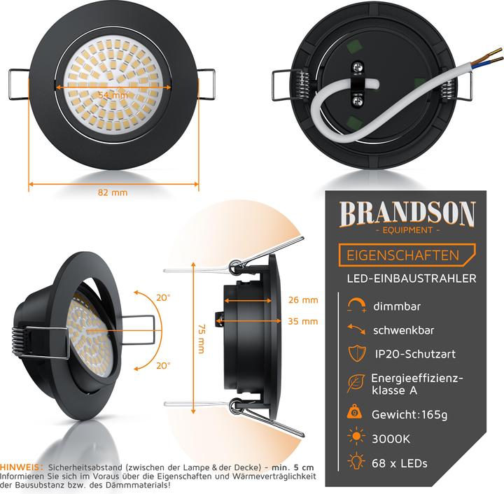 Image du produit Brandson Spot de plafond à LED, dimmable & orientable, spot encastré, spot encastré en aluminium, noir (350 lm)