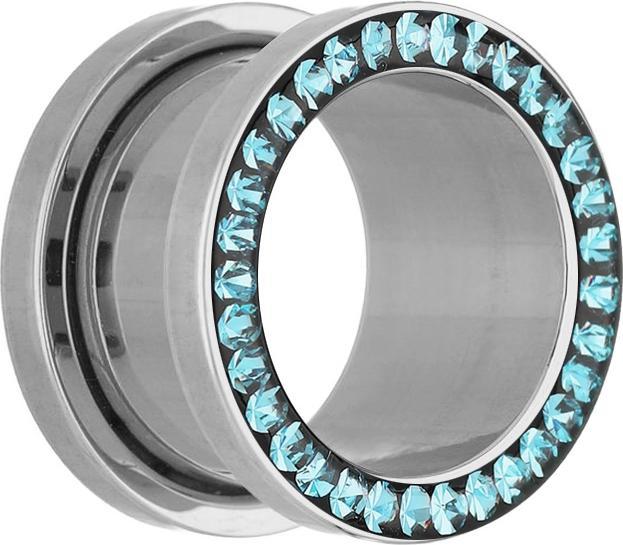 Star Piercing Flesh Tunnel silber mit Kristall aqua und Epoxy Schutzschicht (ohne Messing, Chirurgenstahl 316L)