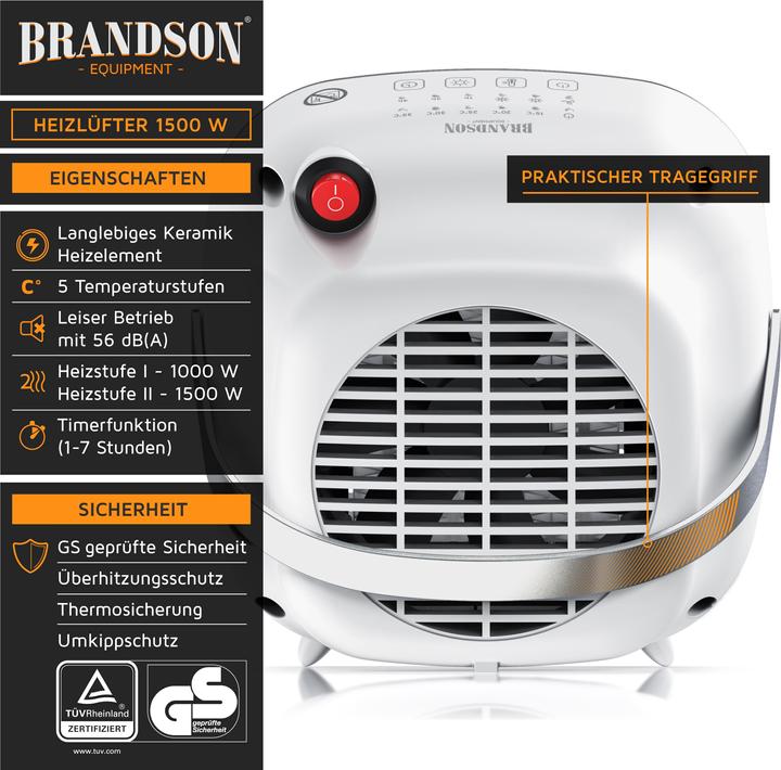 Produktbild Brandson Heizlüfter Keramik 1500 Watt, Badezimmer Schnellheizer mit Temperaturregelung, energiesparend, leise (1500 W)