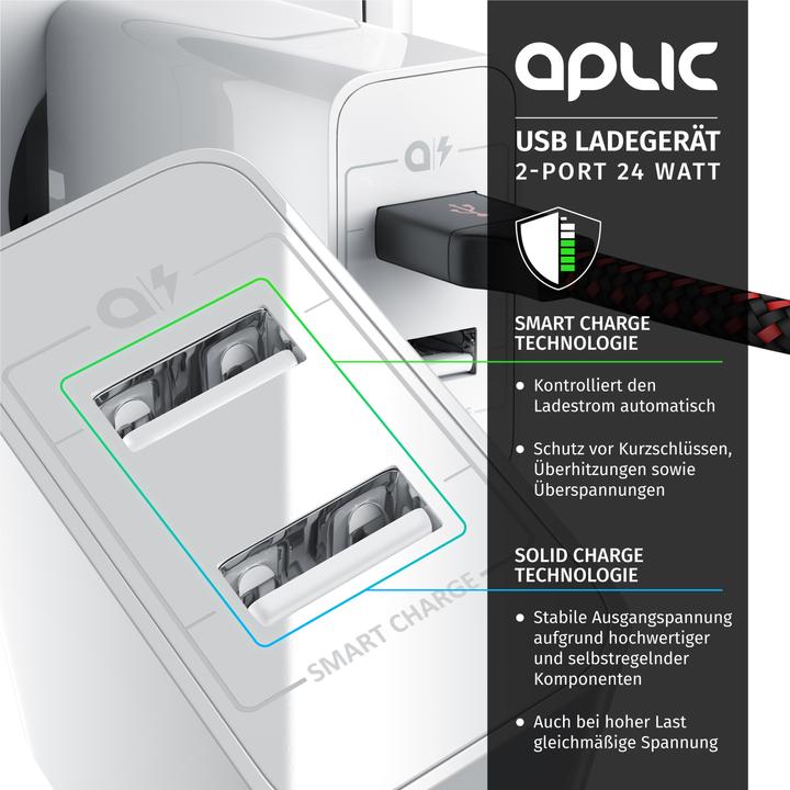 Produktbild Aplic USB Ladegerät 4800 mA, 2 Port Nezteil mit Smart Charge + Solid Charge, Leistungsstarke 24W, weiss (24 W)