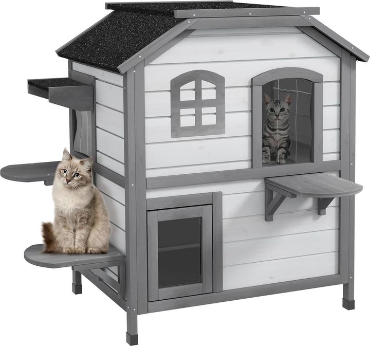 Produktbild PawHut Katzenhaus Tannenholz Hellgrau+Weiss (Katze)