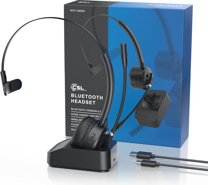 Produktbild CSL Wireless-Headset, Bluetooth Kopfhörer, Mikrofon, Ladestation, Noise Cancel, Multipoint, BT 5.3 (Kabellos, USB-A)