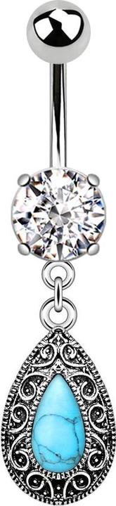 Star Piercing Banane silber mit Anhänger Vintage Design und ovalem türkis Stein silber (Messing, Chirurgenstahl 316L)