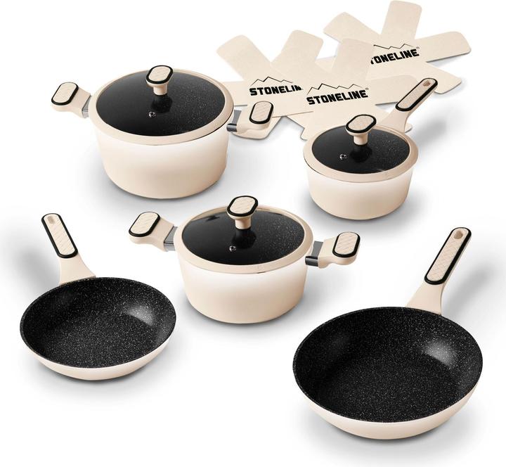 Produktbild Stoneline ® Creme Kochgeschirr-Set 11-teilig mit Deckeln, beschichtete Töpfe & Pfannen (Pfannenset + Topfset, Keramik)