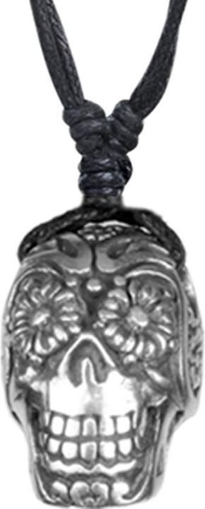 Star Piercing Halskette schwarz Anhänger silber Schädel mit Blumen (Messing)
