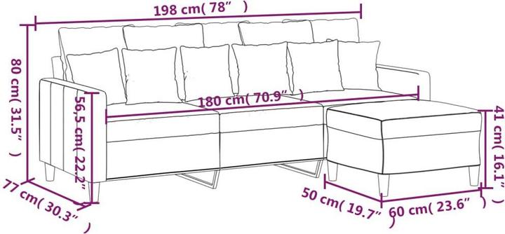 Produktbild VidaXL 3-Sitzer-Sofa mit Hocker Dunkelgrau 180 cm Samt,Farbe (3-Sitzer)