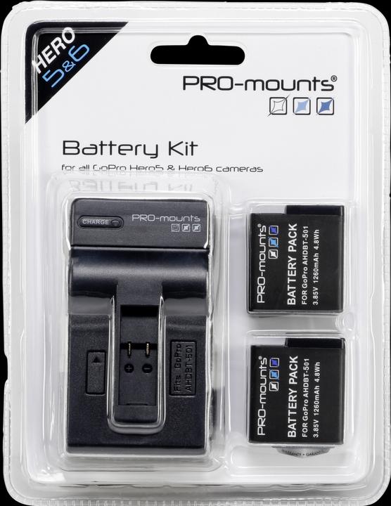Productafbeelding PRO-mounts Batterijkit + Lader 1260 mAh voor GoPro 5 / 6 (held 5, Held 6)