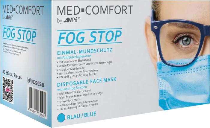 Ampri MED-COMFORT FOG STOP Mundschutz 4-lagig TYP IIR 175x95 mm blau 50 Stk. (Schutzklasse I, 50 x)
