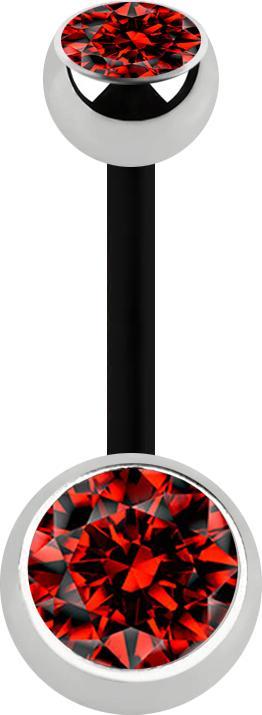 Produktbild Star Piercing Banane schwarz mit zwei Kugeln silber Kristall rot (Bioflex, ohne Messing, Chirurgenstahl 316L)